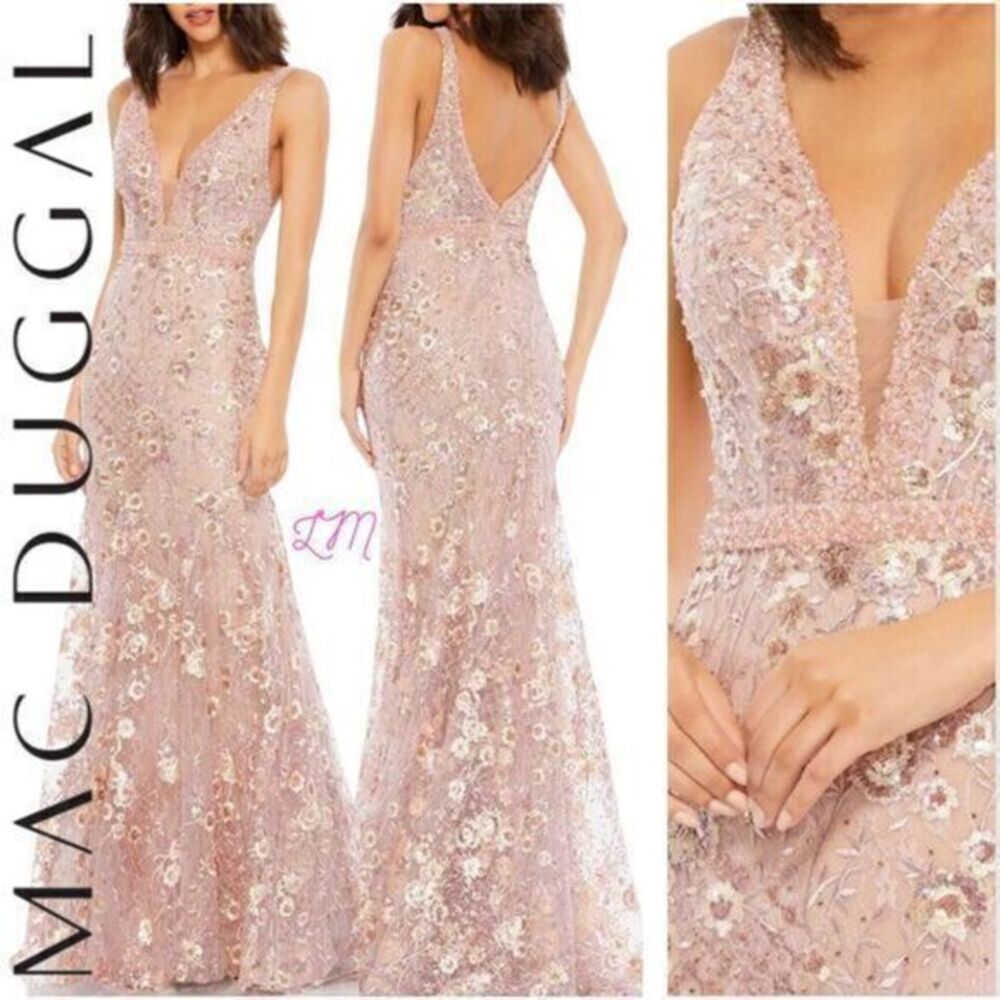 Mac Duggal 67481 Floral Embellished Plunge Neck Gown Size 4 Rose Pink - Picture 3 of 13